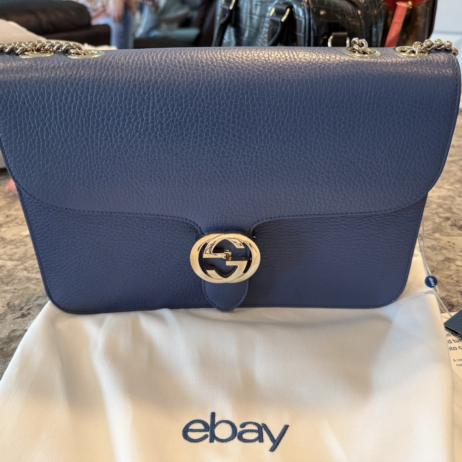 Gucci Blue Pebbled Leather Chain Strap Logo Accent Shoulder Bag Women's